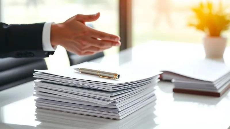 photorealistic, professional photography, 8K, cinematic lighting, sharp focus, depth of field, shot on a high-end DSLR, A clean, modern desk with a neatly organized stack of legal documents and environmental reports, a pen resting on top, and a confident, professional hand reaching out to shake another hand in the background, symbolizing a successfully closed deal despite challenges. The lighting is bright and optimistic, conveying resolution and future success.