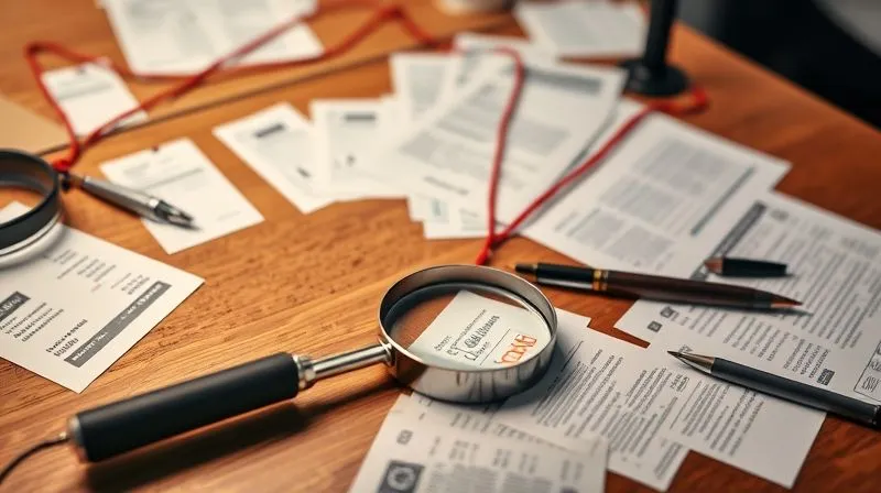 A professional detective's desk with a magnifying glass, scattered financial documents, and a red string connecting suspicious transactions on a corkboard, cinematic lighting, sharp focus, depth of field, 8K hyper-detailed.