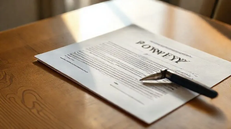 Photorealistic image of a detailed Power of Attorney document open on a table, with a pen resting beside it, implying signing or careful review. Soft, natural light illuminates the scene, 8K, cinematic lighting, sharp focus, depth of field, shot on a high-end DSLR.