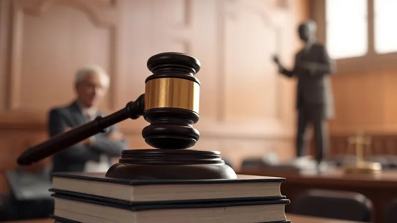 Photorealistic image of a gavel on a stack of legal books in a courtroom setting, with a subtle, respectful depiction of an elderly person's silhouette in the background, symbolizing justice and protection. 8K, cinematic lighting, sharp focus, depth of field, shot on a high-end DSLR.