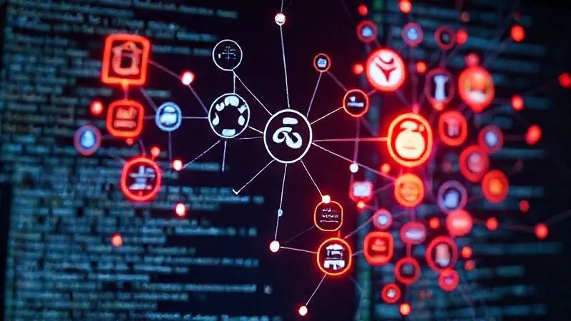 A photorealistic image of a complex network diagram with various open-source software logos interconnected, some glowing red to signify risk, overlaid on a computer screen displaying lines of code. Cinematic lighting, sharp focus on the glowing logos, depth of field blurring the background. 8K hyper-detailed, shot on a high-end DSLR.