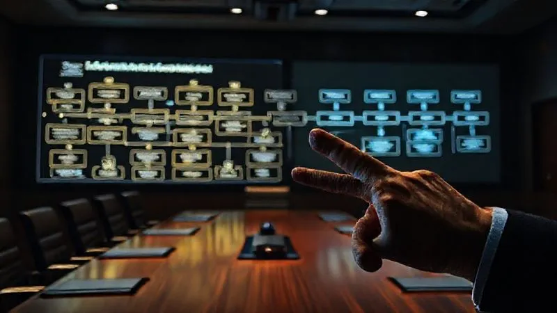 photorealistic, professional photography, 8K, cinematic lighting, sharp focus, depth of field, shot on a high-end DSLR. A detailed, illuminated flow chart projected onto a dark boardroom wall, showing a complex, multi-branching M&A due diligence process with icons representing legal, financial, and operational steps. A focused hand points to a specific 'risk identification' node. The atmosphere is serious and strategic.