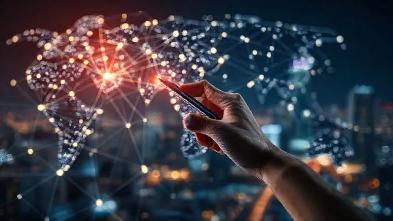 photorealistic, professional photography, 8K, cinematic lighting, sharp focus, depth of field, shot on a high-end DSLR. A complex, illuminated digital network of interconnected nodes and lines, representing global regulatory frameworks. A hand with a stylus points to a specific node, indicating a deep dive into compliance data. The background is a blurred cityscape at night, suggesting global operations.
