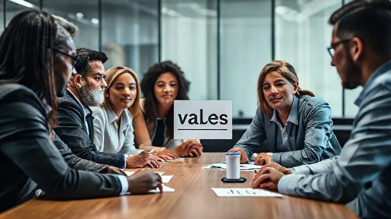 photorealistic, professional photography, 8K, cinematic lighting, sharp focus, depth of field, shot on a high-end DSLR. A diverse group of professionals in a modern office setting, engaged in a serious but open discussion around a table. One person is holding a 'values' icon, while others listen intently, conveying ethical decision-making and transparent communication. The lighting is soft but focused on the group, emphasizing collaboration.
