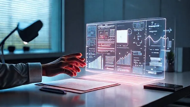 photorealistic, professional photography, 8K, cinematic lighting, sharp focus, depth of field, shot on a high-end DSLR. A sleek, minimalist desk setup featuring a glowing holographic interface displaying complex legal documents and data visualizations. A skilled legal professional's hands are interacting with the interface, demonstrating the integration of AI and human expertise in legal analysis. The atmosphere is futuristic and highly efficient.