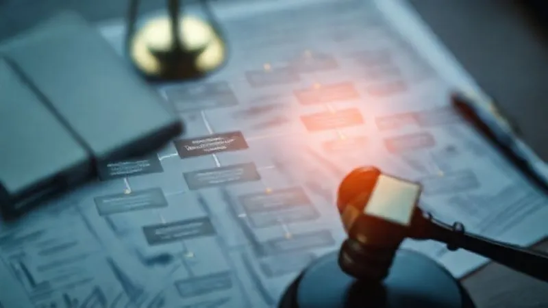 A photorealistic, professional photography, 8K, cinematic lighting, sharp focus, depth of field, shot on a high-end DSLR, depicting a complex legal flowchart with key decision points glowing, symbolizing clarity and direction amidst complexity, with a background of blurred legal documents and a judge's gavel.