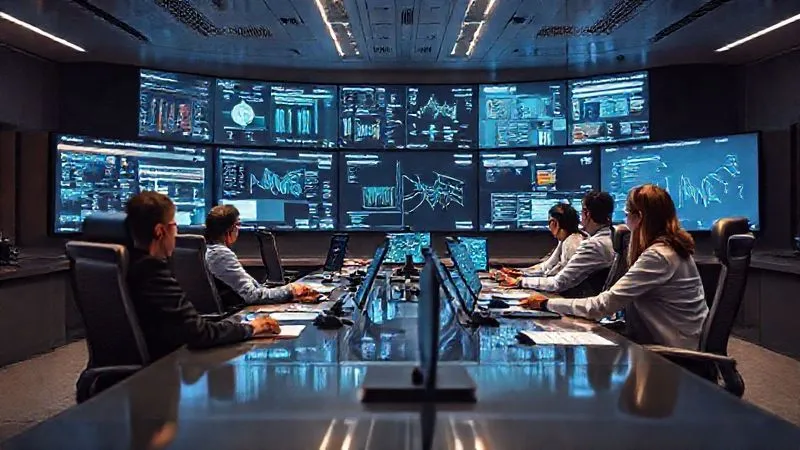 A photorealistic, professional photography, 8K, cinematic lighting, sharp focus, depth of field, shot on a high-end DSLR, showing a sleek, futuristic control room with multiple screens displaying data visualizations, legal documents, and news feeds, with a diverse team of legal professionals collaboratively analyzing information at a central command desk, symbolizing an advanced legal early warning system.
