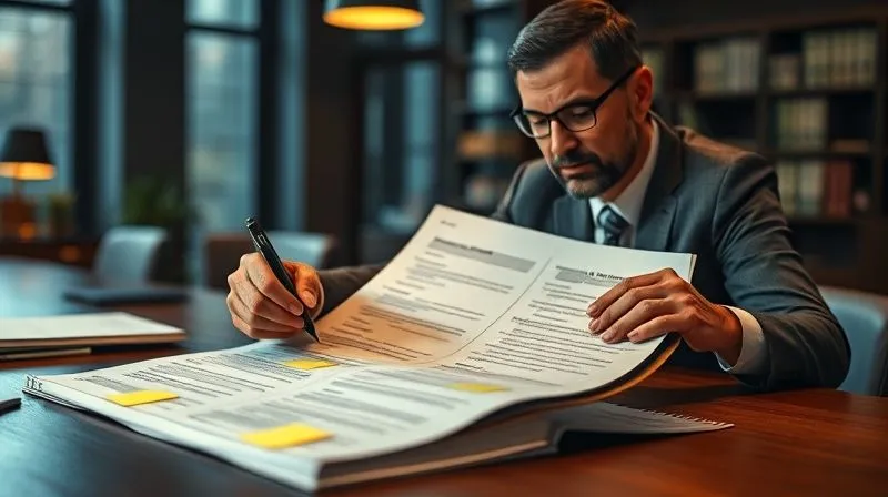 A photorealistic image of a legal professional meticulously reviewing a large, open trial transcript on a desk, using a highlighter and sticky notes, with a focused expression, bathed in soft, warm cinematic lighting, depth of field blurring the background of a modern law office. professional photography, 8K, sharp focus, shot on a high-end DSLR.