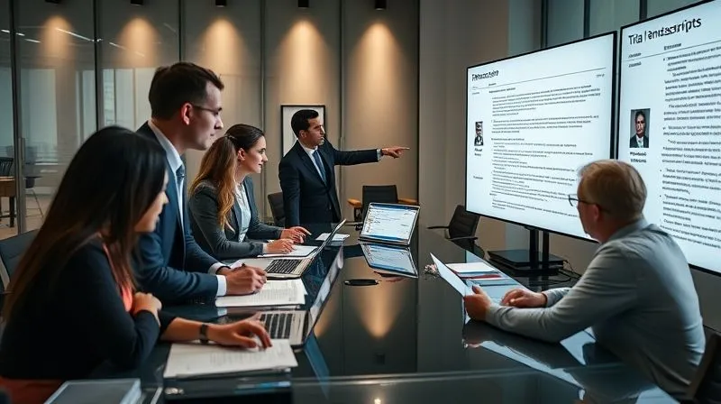 A photorealistic, professional photography, 8K, cinematic lighting, sharp focus, depth of field, shot on a high-end DSLR, of a diverse legal team collaboratively reviewing digital trial transcripts on large screens in a modern, well-lit conference room, with one attorney pointing to a specific section on a screen, conveying intense focus and teamwork.