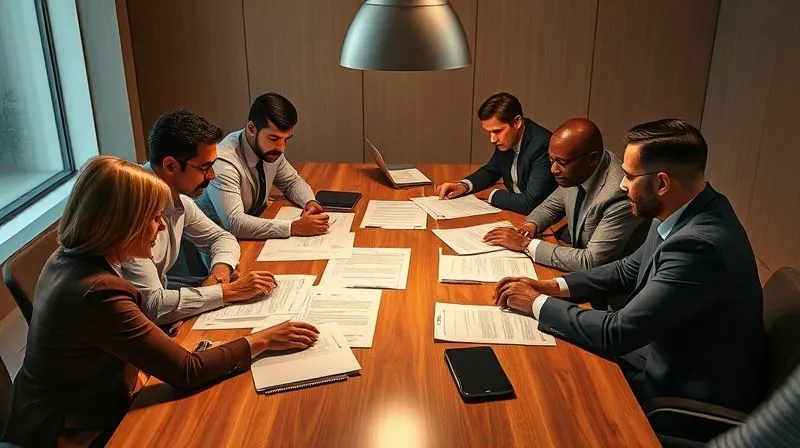 A photorealistic image of a diverse, professional legal team intensely collaborating around a large table, reviewing various contract documents and digital screens, with focused expressions and a sense of urgency, cinematic lighting highlighting their detailed work, 8K hyper-detailed.