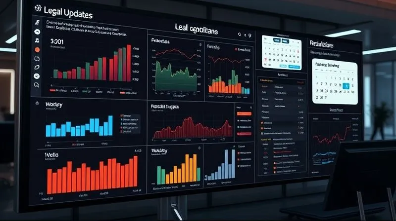 A photorealistic image of a sophisticated digital dashboard displaying various compliance metrics, legal updates, and a calendar with upcoming regulatory deadlines, all in a modern, professional setting, cinematic lighting, 8K hyper-detailed.