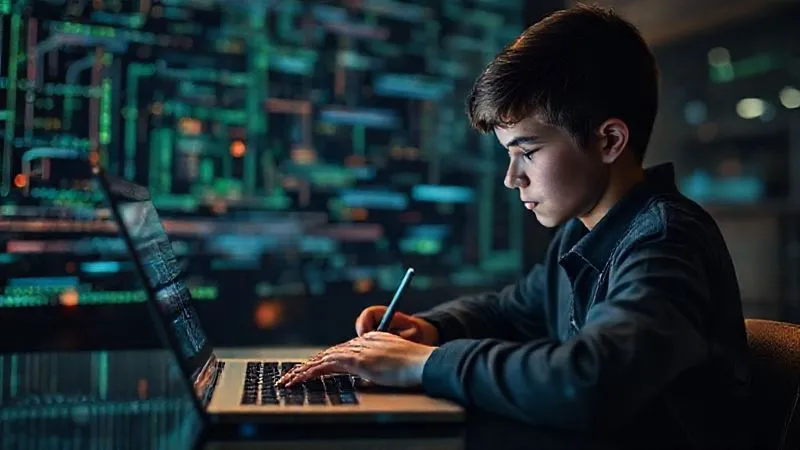photorealistic, professional photography, 8K, cinematic lighting, sharp focus, depth of field, shot on a high-end DSLR, a glowing digital interface displaying complex algorithms and data patterns, superimposed over a blurred image of a student writing on a laptop, symbolizing the intersection of AI detection technology and student work. The mood is analytical and slightly ominous, with a focus on data and scrutiny.