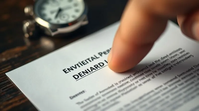A close-up, photorealistic shot of a finger pointing at a crucial date on an official-looking environmental permit denial letter, with a stopwatch subtly blurred in the background. Cinematic lighting, 8K, sharp focus, depth of field, shot on a high-end DSLR.