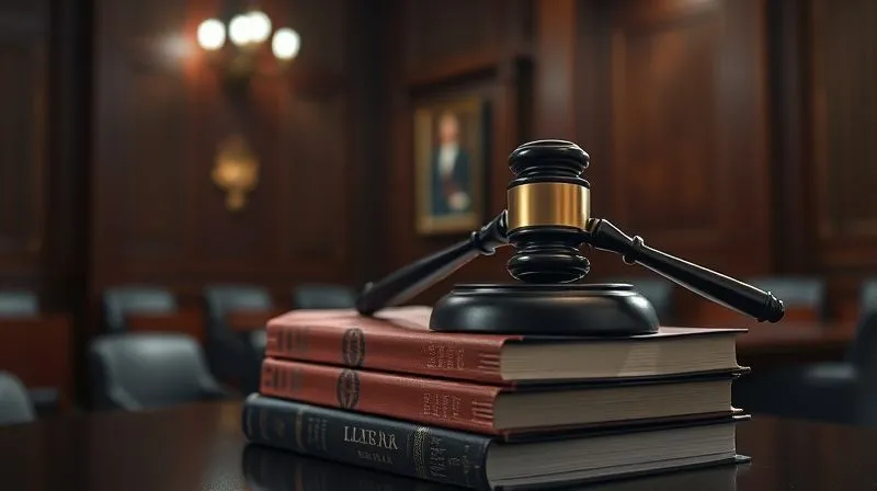 A photorealistic, professional photography image of a judge's gavel resting on a stack of legal texts in a dimly lit courtroom, with a sense of solemnity and finality. Cinematic lighting, 8K, sharp focus on the gavel, depth of field blurring the background, shot on a high-end DSLR.