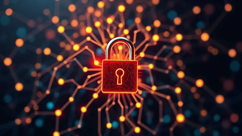 A complex, glowing neural network diagram overlaid with a broken padlock icon, symbolizing a cyberattack on an AI system. Photorealistic, professional photography, 8K, cinematic lighting, sharp focus, depth of field, shot on a high-end DSLR.