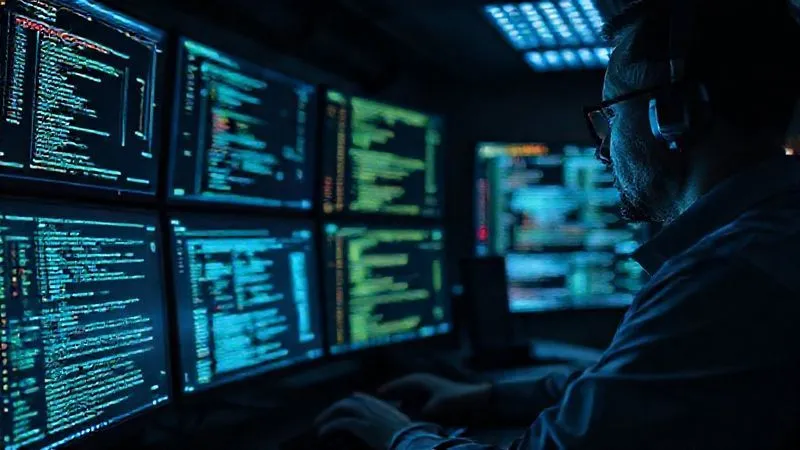 A photorealistic image of a forensic analyst meticulously examining glowing lines of code on multiple screens in a dark, high-tech control room. The screens display intricate network diagrams and data packets. Professional photography, 8K, cinematic lighting, sharp focus on the analyst's hands and the screens, depth of field blurring the background, shot on a high-end DSLR.