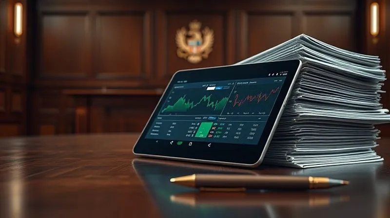 A photorealistic, detailed image of a judge's bench or an arbitration table, with a stack of meticulously organized legal files, a tablet displaying sports statistics, and a pen. The background is a subtly blurred, empty courtroom or hearing room. 8K, cinematic lighting, sharp focus, depth of field.