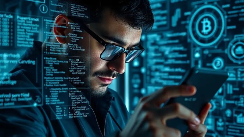 A photorealistic, professional photography image showing a digital forensic investigator meticulously analyzing lines of smart contract code on multiple holographic screens, surrounded by complex blockchain diagrams. Cinematic lighting casts intricate patterns, sharp focus on the code, depth of field blurring the background. 8K hyper-detailed.