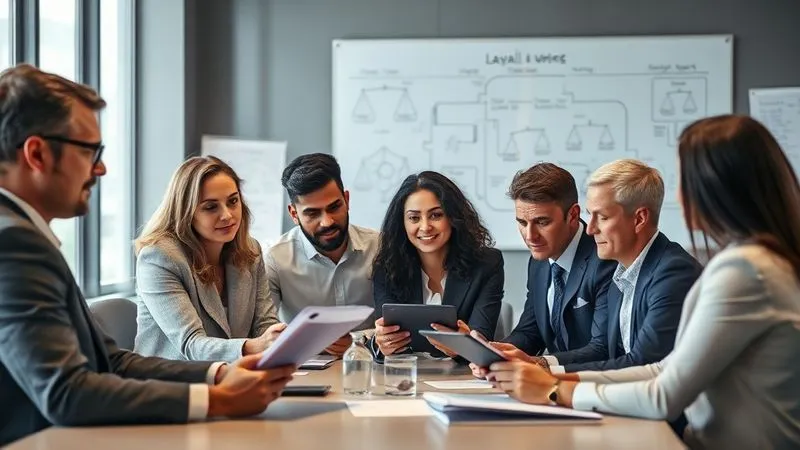 A photorealistic, professional photography image of a diverse legal team in a modern, collaborative office space, intensely reviewing digital documents on tablets and large screens, with a whiteboard in the background showing complex legal strategy diagrams. Cinematic lighting, sharp focus on the team's engagement, depth of field blurring the office background. 8K hyper-detailed.