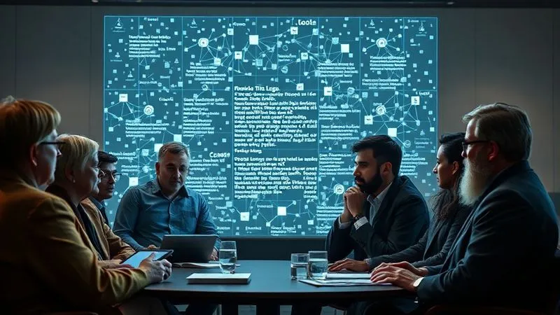 A photorealistic, professional photography image depicting a diverse group of legal scholars and blockchain developers engaged in a serious discussion around a holographic projection of legal codes interwoven with blockchain architecture, symbolizing the merging of two complex fields. Cinematic lighting, sharp focus on the central projection, depth of field blurring the background. 8K hyper-detailed.