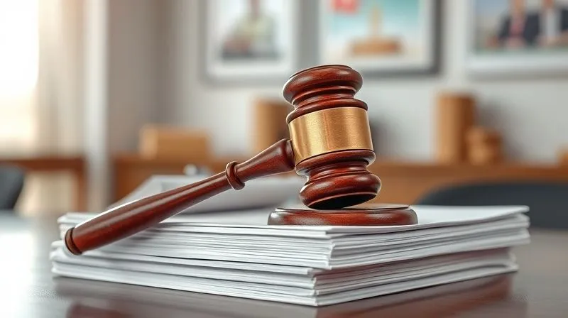 A photorealistic image of a wooden gavel resting on a stack of neatly organized legal documents, with a blurred background of a legal office or courtroom, symbolizing justice and the appeal process. Professional photography, 8K, cinematic lighting, sharp focus on the gavel and documents, depth of field, shot on a high-end DSLR.