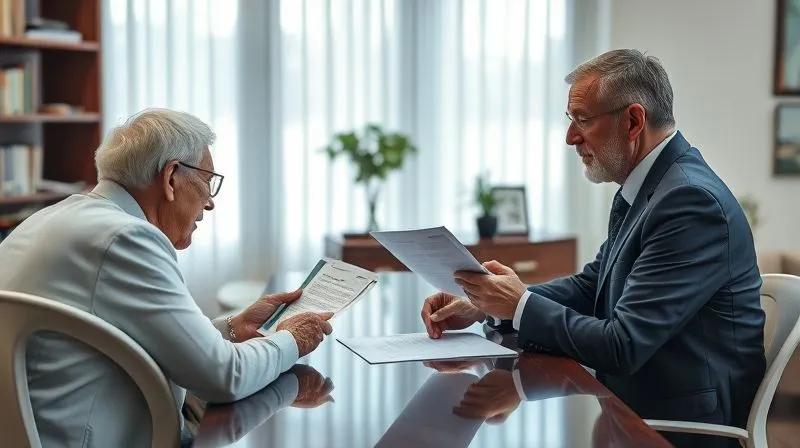 A photorealistic image of an elderly person and a family member sitting across a desk from an empathetic elder law attorney, who is explaining legal documents. The setting is a professional, softly lit law office. Professional photography, 8K, cinematic lighting, sharp focus on the faces and documents, depth of field, shot on a high-end DSLR.