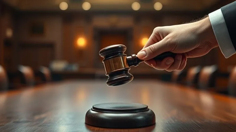 A photorealistic image of a hand striking a gavel gently on a sound block, with a blurred background of a court or arbitration room. The light is cinematic, highlighting the decisive moment. Sharp focus on the gavel, depth of field blurring the background, 8K hyper-detailed, professional photography, shot on a high-end DSLR.