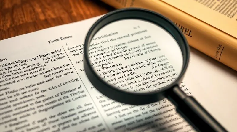 A photorealistic, professional photography, 8K, cinematic lighting, sharp focus, depth of field, shot on a high-end DSLR image of a magnifying glass hovering over the intricate text of a legal document, specifically highlighting a clause related to constitutional rights, with a blurred background of legal code books. The focus is on precision and detailed analysis.