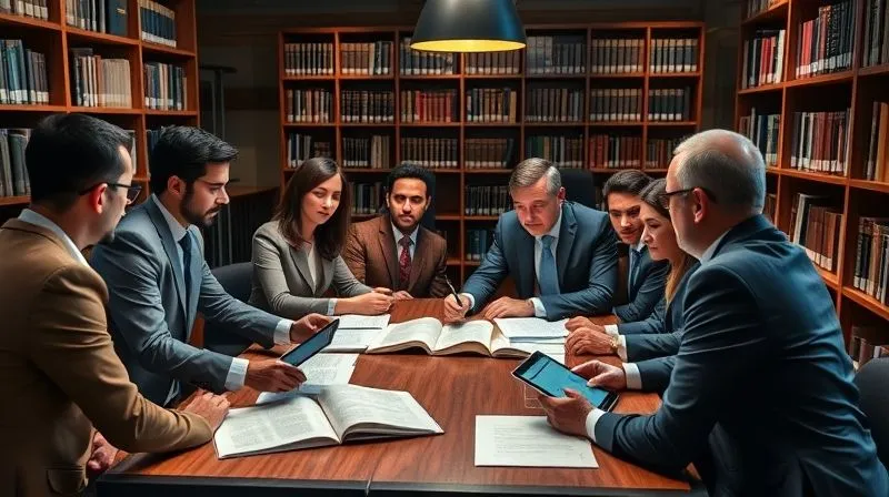 A photorealistic, professional photography, 8K, cinematic lighting, sharp focus, depth of field, shot on a high-end DSLR image of a diverse group of lawyers and legal experts in a modern law library, intently discussing strategy around a table laden with open law books and tablets displaying legal research. The atmosphere is collaborative and intellectually charged, emphasizing collective expertise.