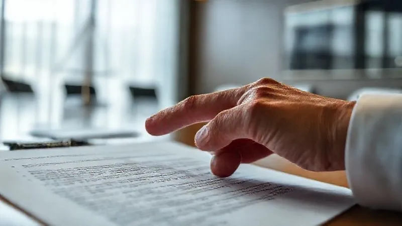 photorealistic, professional photography, 8K, cinematic lighting, sharp focus, depth of field, shot on a high-end DSLR, a close-up of a hand pointing to a specific clause on a legal document, with a blurred background of a conference room, symbolizing legal rights and scrutiny.