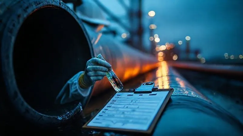 photorealistic, professional photography, 8K, cinematic lighting, sharp focus, depth of field, shot on a high-end DSLR, a scientist in protective gear carefully collecting a water sample from an industrial outflow pipe, with a regulatory clipboard in the foreground, emphasizing precision and documentation.