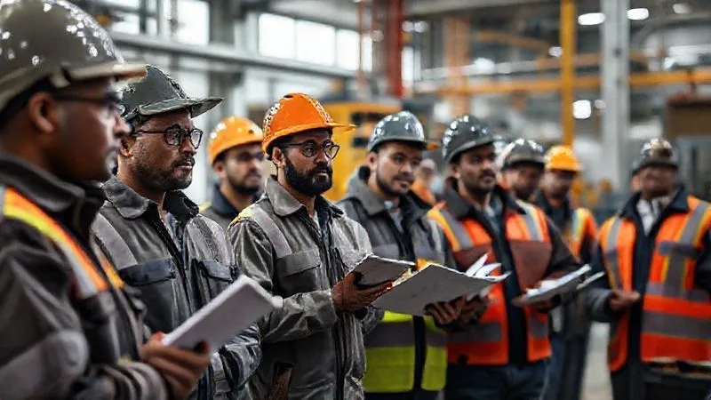 photorealistic, professional photography, 8K, cinematic lighting, sharp focus, depth of field, shot on a high-end DSLR, a diverse group of industrial workers in a modern facility participating in an environmental compliance training session, looking engaged and taking notes, conveying proactive learning.