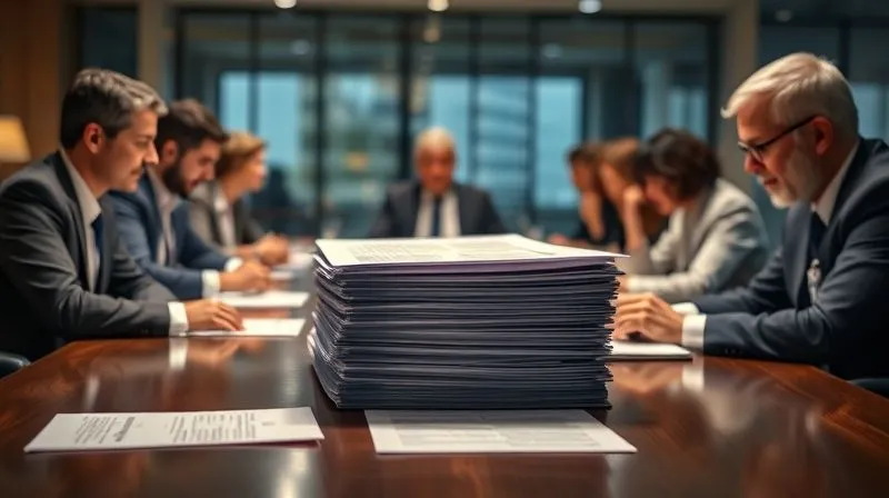 A photorealistic image of a legal team intently reviewing a stack of complex accreditation documents and regulations on a large conference table, with focused expressions, illuminated by soft, professional office lighting, 8K, cinematic lighting, sharp focus on the documents, depth of field blurring the background, professional photography.