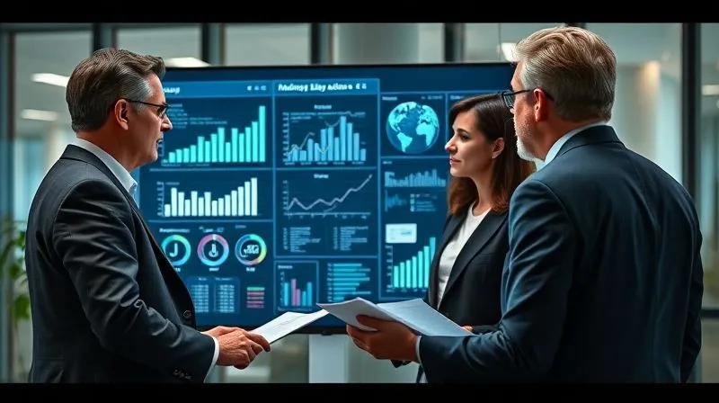 A photorealistic image of a diverse legal team, including an attorney, a data analyst, and an academic expert, collaboratively reviewing charts, graphs, and legal documents on a large digital display, in a modern, well-lit office, 8K, cinematic lighting, sharp focus on the display, depth of field blurring the background, professional photography.