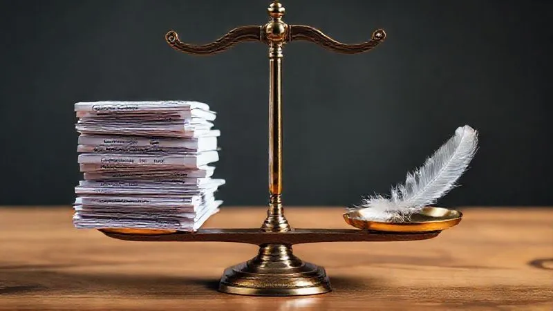 A photorealistic image depicting a legal scale with one side heavily weighted by a stack of regulations and the other side with a single, small feather, symbolizing the imbalance of agency power versus individual rights. Professional photography, 8K, cinematic lighting, sharp focus on the scales, depth of field, shot on a high-end DSLR.