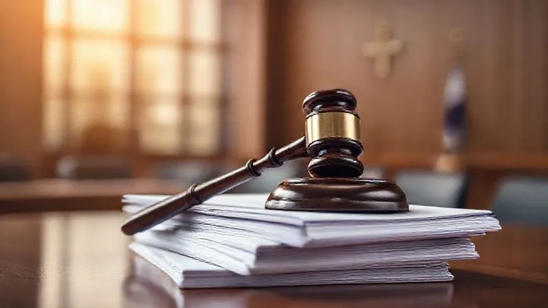 A photorealistic, highly detailed image of a judge's gavel resting on a stack of legal documents with a blurred background of a modern courtroom. The gavel symbolizes judicial authority and the documents represent the evidence and administrative record. Professional photography, 8K, cinematic lighting, sharp focus on the gavel and documents, depth of field, shot on a high-end DSLR.