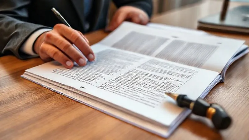 A photorealistic image of a legal brief, open on a desk next to a pen, with a focused legal professional's hands (out of focus) reviewing it in a well-lit office. The brief's pages show dense legal text, emphasizing the meticulous nature of legal work. Professional photography, 8K, cinematic lighting, sharp focus on the brief, depth of field, shot on a high-end DSLR.