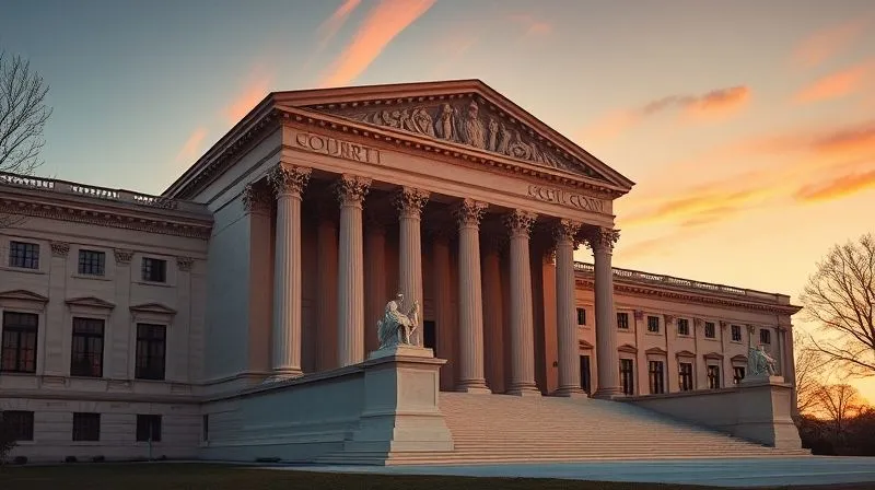 A photorealistic, professional photography of the exterior of a grand federal courthouse at dawn, with classical architecture, cinematic lighting, sharp focus, depth of field, 8K hyper-detailed, conveying solemnity and authority.