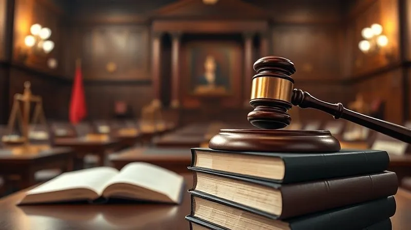 A photorealistic image of a judge's gavel resting on a stack of law books in a courtroom, with a blurred background of legal proceedings, cinematic lighting, sharp focus on the gavel, depth of field, 8K hyper-detailed, conveying the finality of legal decisions.