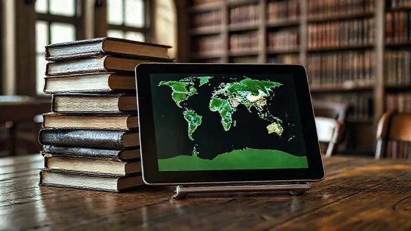 photorealistic, professional photography, 8K, cinematic lighting, sharp focus, depth of field, shot on a high-end DSLR. A stack of old, leather-bound law books with a modern digital tablet displaying a global climate map, all resting on a rustic wooden table in a sunlit legal library. The contrast symbolizes the blend of traditional law and contemporary environmental science.