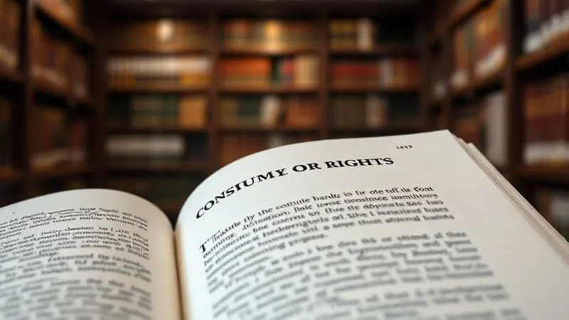 A close-up, photorealistic image of a legal statute book open to a section on consumer rights, with a blurred background of a modern law library. Professional photography, 8K, cinematic lighting, sharp focus on the text, depth of field, shot on a high-end DSLR, conveying legal authority.