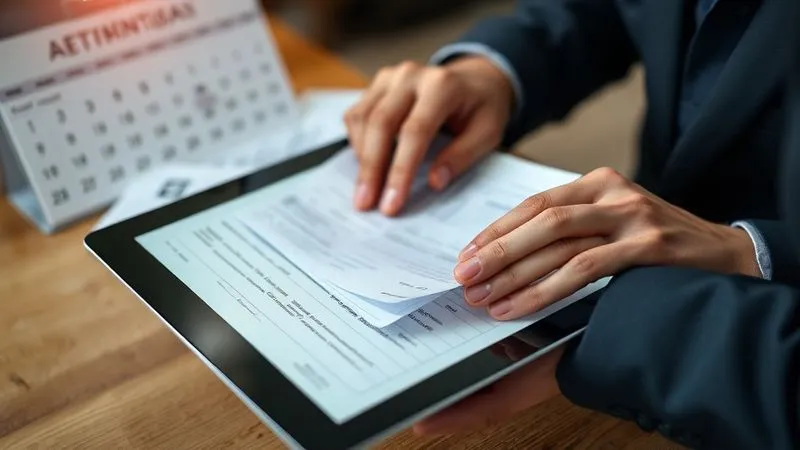 A photorealistic image of a person meticulously organizing digital documents and receipts on a tablet, with a calendar and file folders visible in the background, conveying diligence and financial organization. Professional photography, 8K, cinematic lighting, sharp focus on the tablet, depth of field, shot on a high-end DSLR, symbolizing proactive financial management.