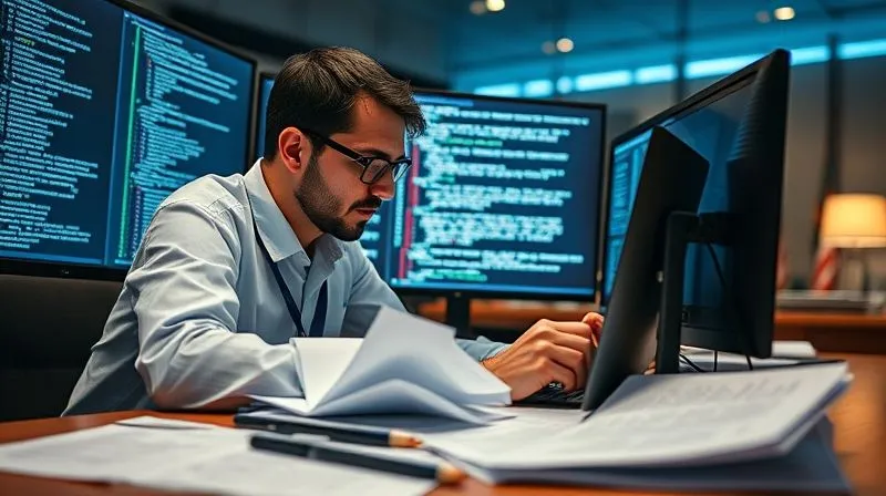 A photorealistic image of a digital forensics expert meticulously examining code on multiple screens, with legal documents in the foreground and a blurred international court setting in the background. Cinematic lighting, sharp focus on the expert and screens, depth of field blurring the background, 8K hyper-detailed, professional photography shot on a high-end DSLR.