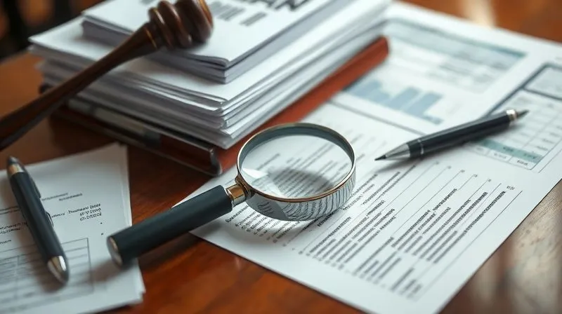 photorealistic, professional photography, 8K, cinematic lighting, sharp focus, depth of field, shot on a high-end DSLR, a stack of legal documents and financial reports neatly organized on a polished desk, with a magnifying glass resting on a spreadsheet, symbolizing meticulous data gathering and analysis for a property tax appeal.