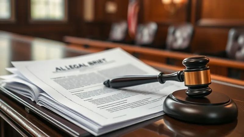 photorealistic, professional photography, 8K, cinematic lighting, sharp focus, depth of field, shot on a high-end DSLR, a meticulously organized legal brief on a judge's bench, with a gavel resting beside it, and a blurred courtroom in the background, symbolizing the formal judicial appeal process for property tax disputes.