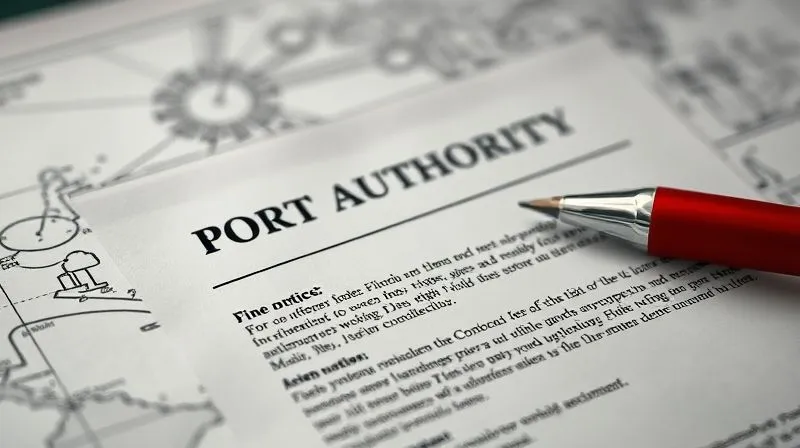 A photorealistic close-up of a port authority fine notice, with specific sections highlighted by a red pen, resting on a ship's navigation chart. Cinematic lighting, sharp focus on the document, depth of field blurring the chart. 8K hyper-detailed, shot on a high-end DSLR, conveying meticulous examination.