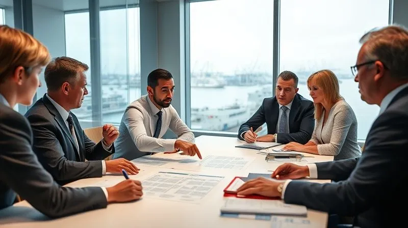A photorealistic, professional photography, 8K, cinematic lighting, sharp focus, depth of field, shot on a high-end DSLR image of a diverse team of maritime legal professionals in a modern, well-lit conference room, intently discussing documents spread on a large table. One lawyer is pointing at a section of a charter party, while others listen and take notes. A large window in the background offers a glimpse of a bustling port or city skyline, subtly linking their work to global commerce. The atmosphere is collaborative and professional.