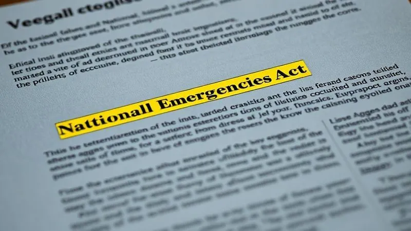 A photorealistic close-up of a complex legal document titled 'National Emergencies Act', with specific sections highlighted in a forensic manner, symbolizing its critical yet often ambiguous nature. Professional photography, 8K, cinematic lighting, sharp focus on the text, depth of field blurring the background, shot on a high-end DSLR.