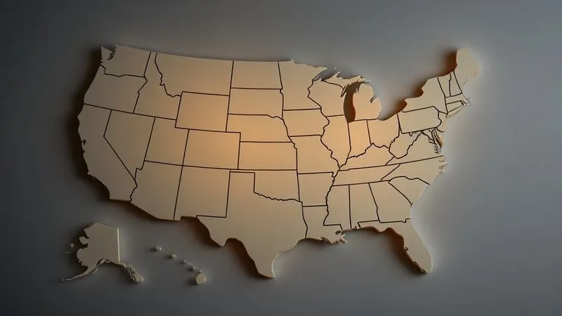 A photorealistic stylized map of the United States, with several states subtly glowing with a vibrant, determined light, symbolizing state-level legislative and legal action pushing back against a central, shadowy force. Professional photography, 8K, cinematic lighting, sharp focus on the glowing states, depth of field blurring the background, shot on a high-end DSLR.