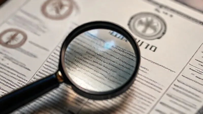 A photorealistic image of a complex legal document with intricate text and seals, being carefully examined under a magnifying glass, cinematic lighting highlighting the details, sharp focus on the document, depth of field blurring the background, 8K hyper-detailed, professional photography.
